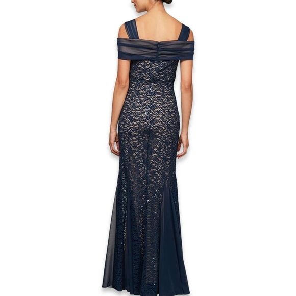 NWT Alex Evenings Fit & Flare Lace Cold Shoulder Navy Sequin Lace Dress Size 8 - Picture 7 of 12